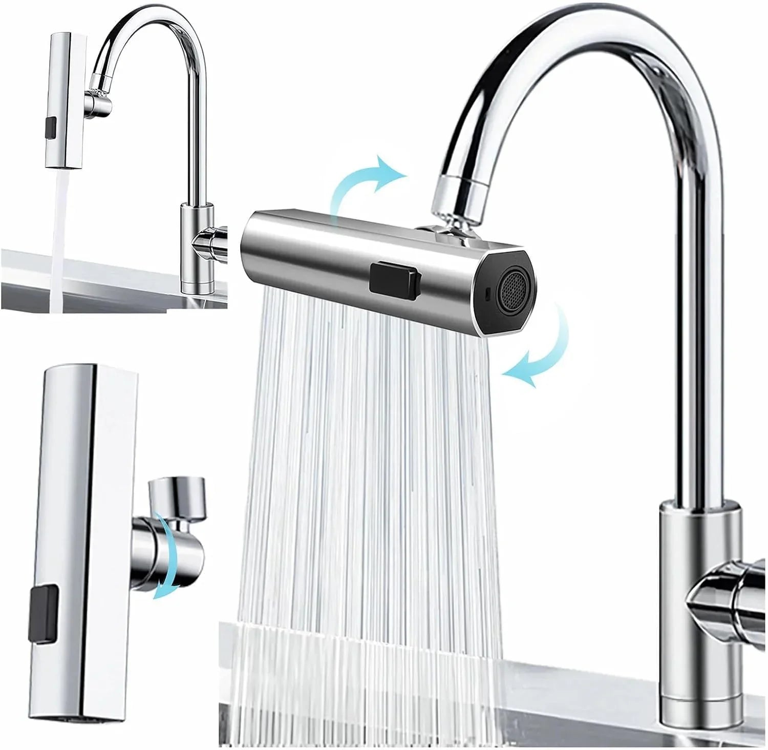 3 in 1 Waterfall Kitchen Faucet 360° Swiveling Anti-Splash Sink Faucet Sprayer