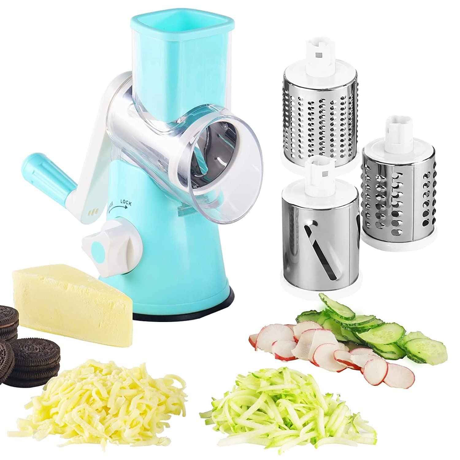 3 in 1 Multi-Functional Drum Rotary Vegetable Cutter, Shredder, Grater & Slicer with High-Speed Rotary Cylinder - Effortless Kitchen Convenience