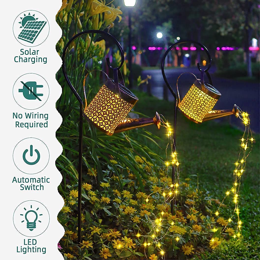 Solar Watering Can Light - Decorative Hanging Fairy Lights for Garden [Warm Yellow] - Waterproof Metal Waterfall String Lights for Patio, Yard, and Pathway - Unique Outdoor Lighting