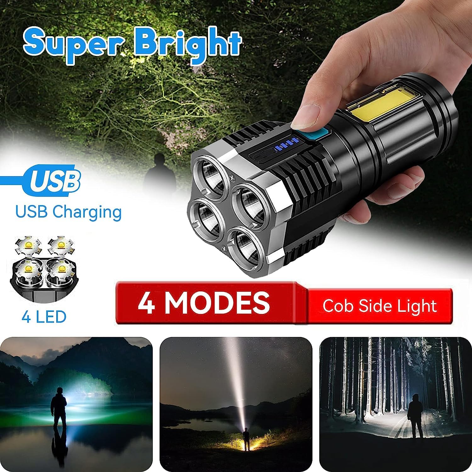 Super Bright USB Rechargeable Flashlight - Waterproof Handheld Flashlight with 4 Lighting Modes