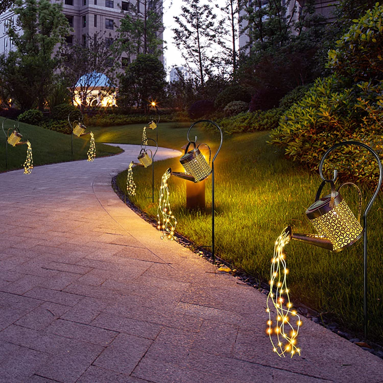 Solar Watering Can Light - Decorative Hanging Fairy Lights for Garden [Warm Yellow] - Waterproof Metal Waterfall String Lights for Patio, Yard, and Pathway - Unique Outdoor Lighting