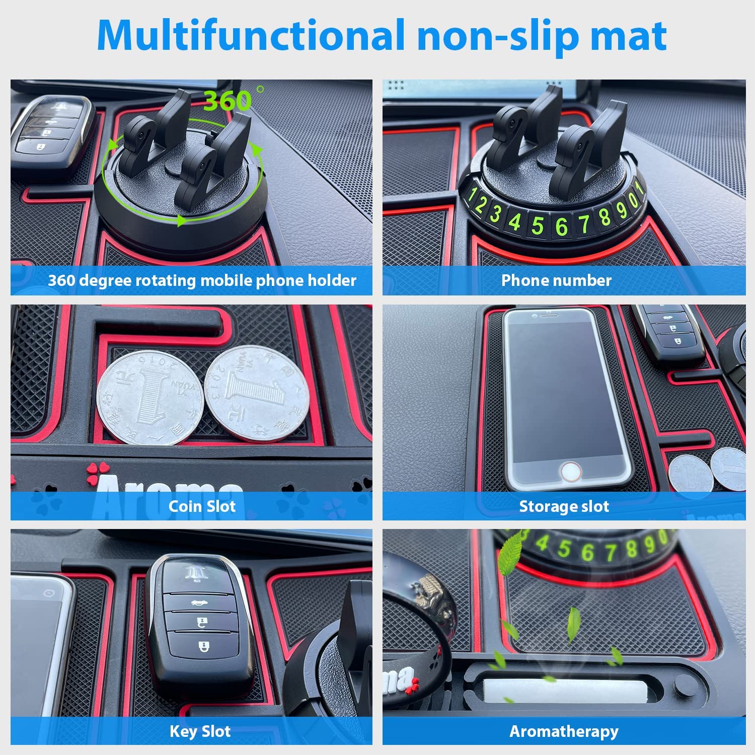 Multi-Functional Car Dashboard Mat: 4-in-1 Phone Holder, Parking Number Display, Aromatherapy Pad